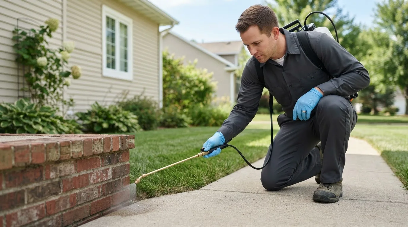 Pest control technician treating a home near Bemus Point, NY
